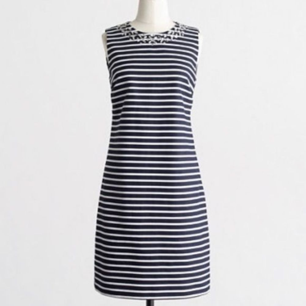 NWT J Crew Navy White Stripe Rhinestone Beaded Sleeveless‎ Sheath Dress Size 4